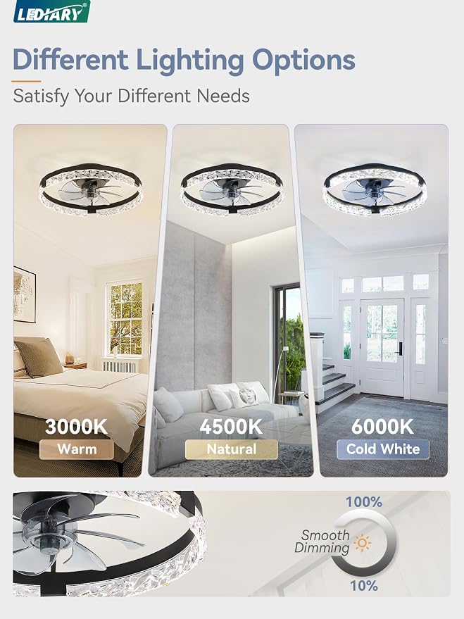 2 Pack 20 Inch Ceiling Fans with Lights and Remote, Fandelier Modern Low Profile Ceiling Fan, 3000K-6000K, alternate view 2