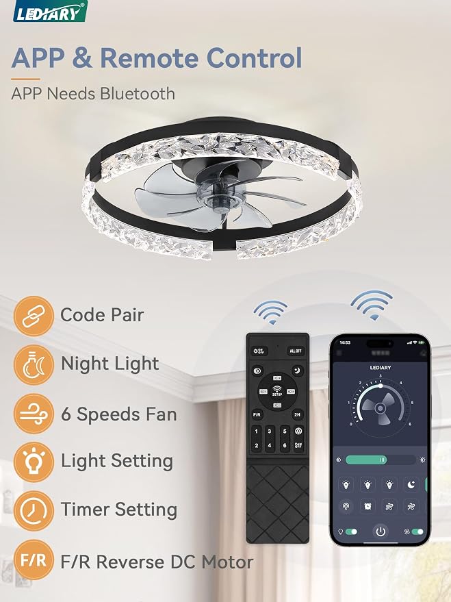 2 Pack 20 Inch Ceiling Fans with Lights and Remote, Fandelier Modern Low Profile Ceiling Fan, 3000K-6000K, alternate view 5