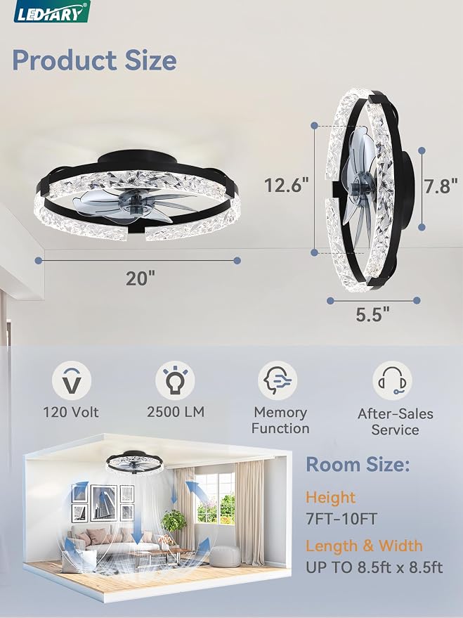 2 Pack 20 Inch Ceiling Fans with Lights and Remote, Fandelier Modern Low Profile Ceiling Fan, 3000K-6000K, alternate view 6