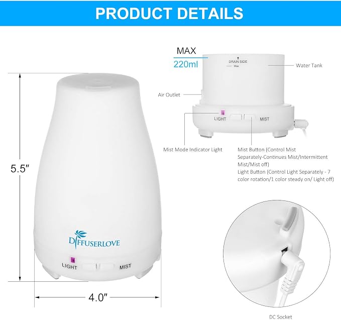 2 Pack 200ml Essential Oil Diffuser Ultrasonic Aromatherapy Diffuser with Waterless Auto Shut-Off Aroma Cool Mist, alternate