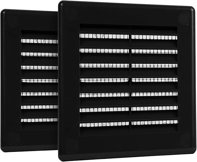2-Pack 4" x 4" (Outer Size) Square Air Vent Cover – Black Plastic Vent Deflector - Screen Mesh, Surface Mount