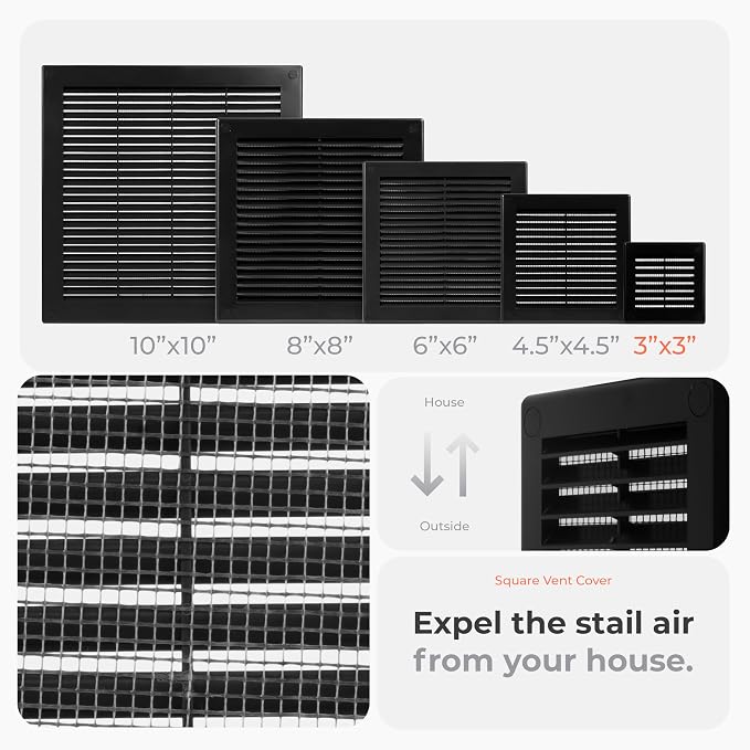 2-Pack 4" x 4" (Outer Size) Square Air Vent Cover – Black Plastic Vent Deflector - Screen Mesh, Surface Mount, alternate view