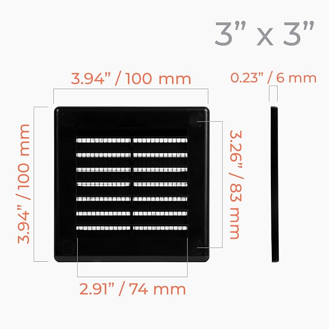2-Pack 4" x 4" (Outer Size) Square Air Vent Cover – Black Plastic Vent Deflector - Screen Mesh, Surface Mount, alternate view
