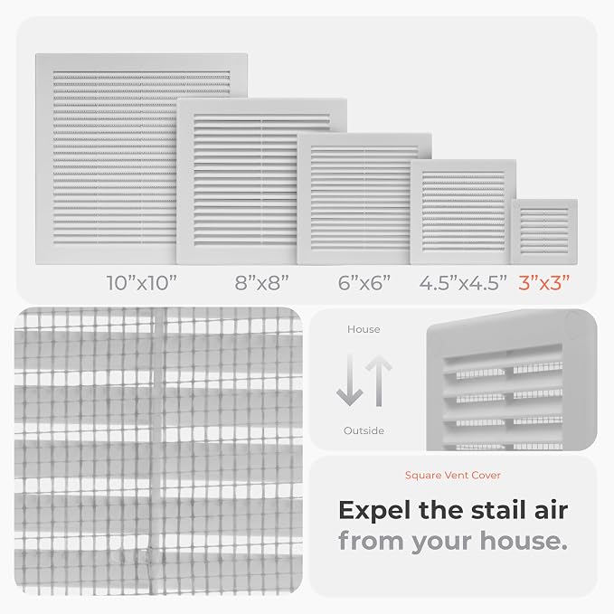 2-Pack 4" x 4" (Outer Size) Square Air Vent Cover – White Plastic Vent Deflector - Screen Mesh, Surface Mount, alternate view