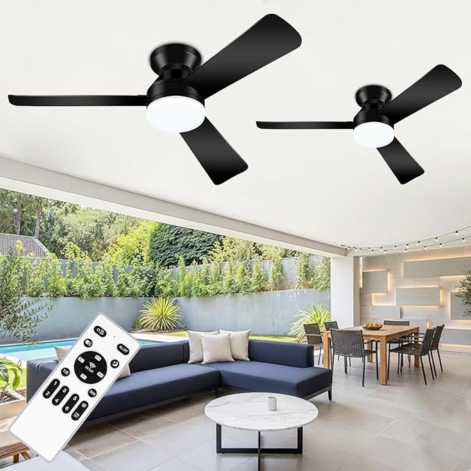 2 Pack 42" Black Ceiling Fans with Lights and Remote, Low Profile Ceiling Fan with Light, Reversible DC Motors