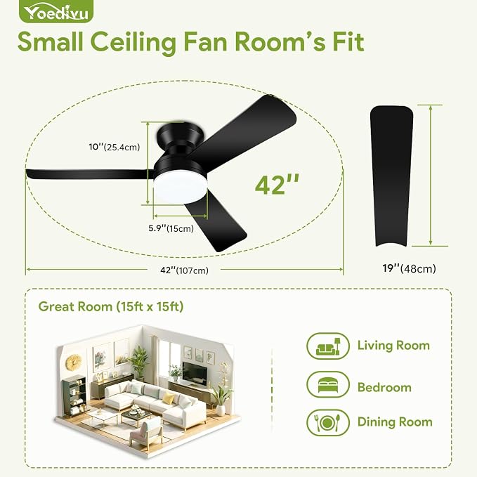 2 Pack 42" Black Ceiling Fans with Lights and Remote, Low Profile Ceiling Fan with Light, Reversible DC Motors, alternate