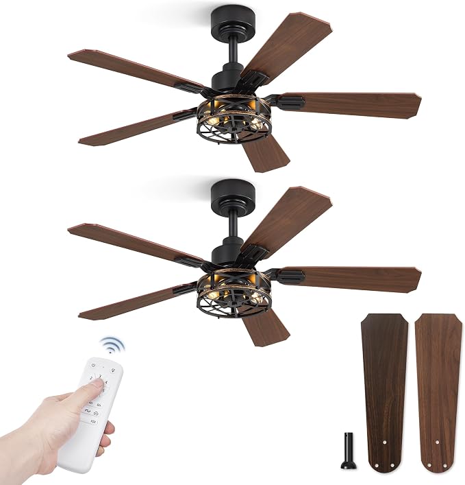 2 Pack 42 Inch Rustic Caged Ceiling Fan with Lights, Black Farmhouse Ceiling Fans for Bedroom Living Room, Double-Sided 5