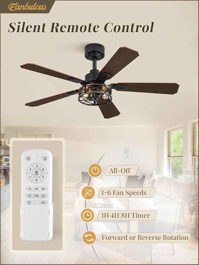 2 Pack 42 Inch Rustic Caged Ceiling Fan with Lights, Black Farmhouse Ceiling Fans for Bedroom Living Room, Double-Sided 5