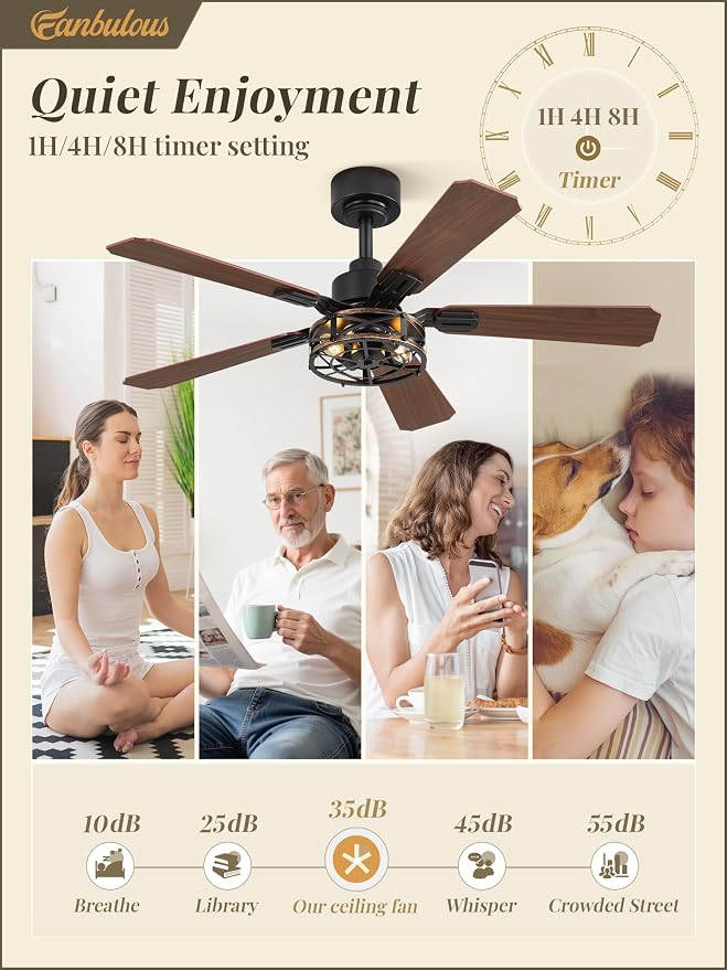 2 Pack 42 Inch Rustic Caged Ceiling Fan with Lights, Black Farmhouse Ceiling Fans for Bedroom Living Room, Double-Sided 5