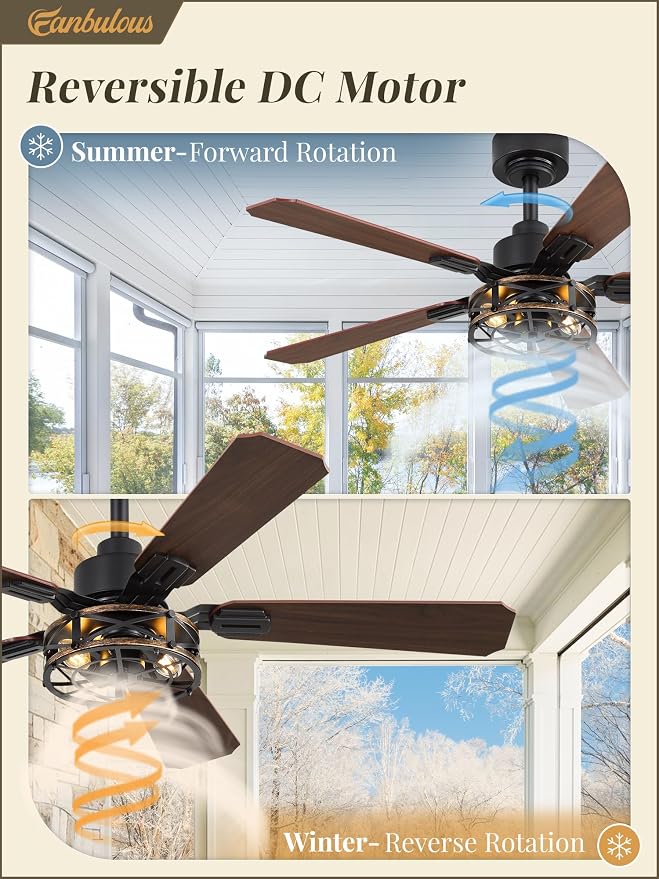 2 Pack 42 Inch Rustic Caged Ceiling Fan with Lights, Black Farmhouse Ceiling Fans for Bedroom Living Room, Double-Sided 5