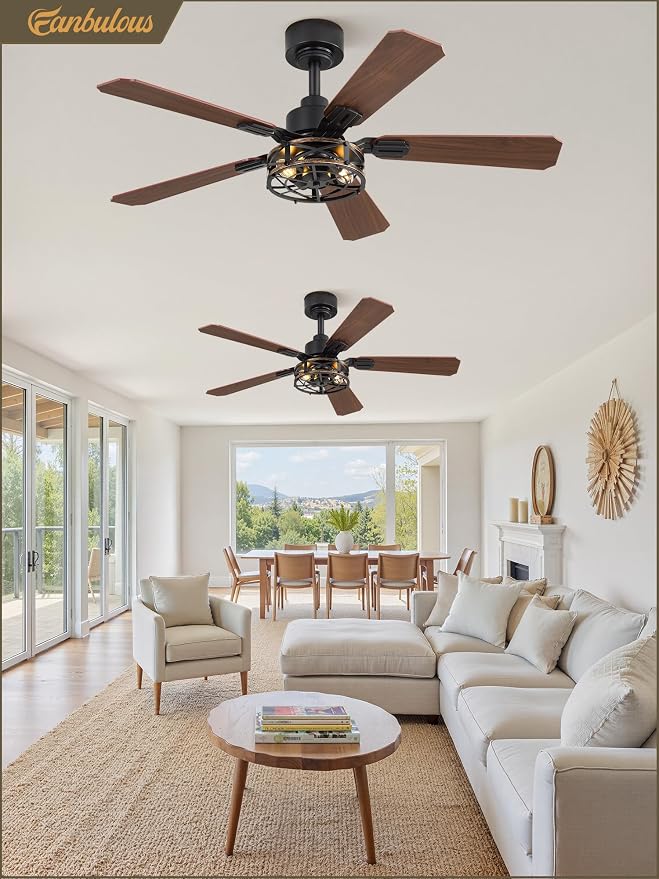 2 Pack 42 Inch Rustic Caged Ceiling Fan with Lights, Black Farmhouse Ceiling Fans for Bedroom Living Room, Double-Sided 5