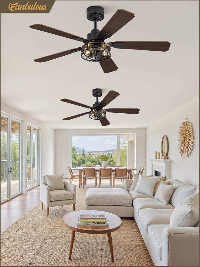 2 Pack 42 Inch Rustic Caged Ceiling Fan with Lights, Black Farmhouse Ceiling Fans for Bedroom Living Room, Double-Sided 5