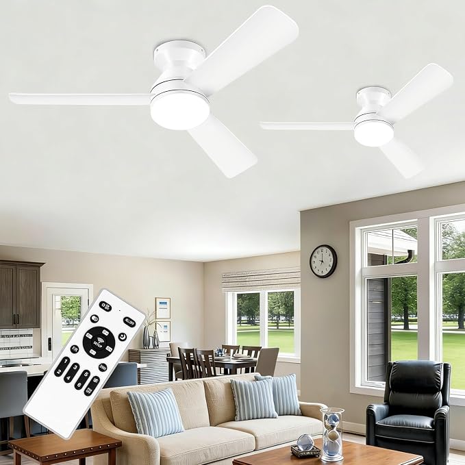 2 Pack 42" White Ceiling Fans with Lights and Remote, Low Profile Ceiling Fan with Light, Reversible DC Motors