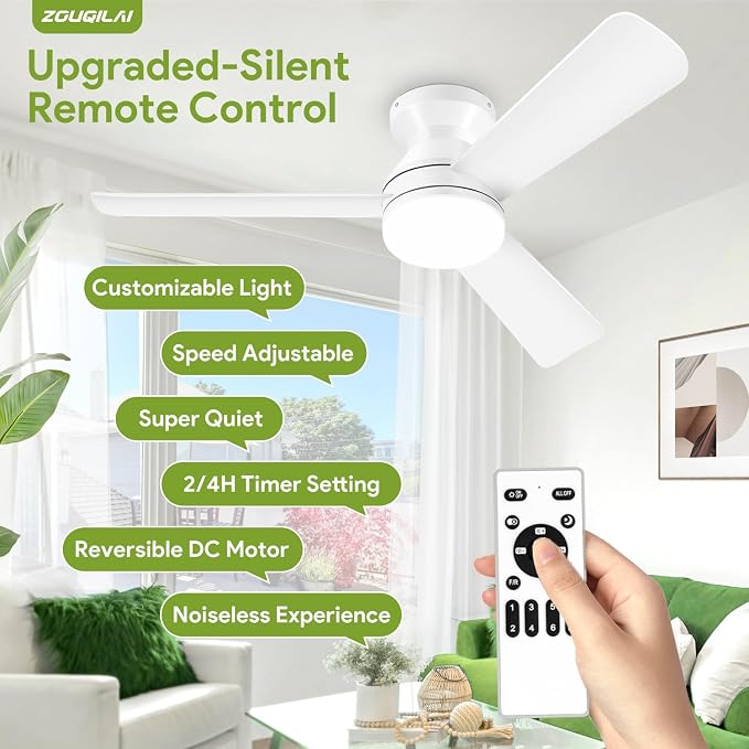 2 Pack 42" White Ceiling Fans with Lights and Remote, Low Profile Ceiling Fan with Light, Reversible DC Motors, alternate