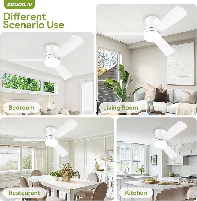2 Pack 42" White Ceiling Fans with Lights and Remote, Low Profile Ceiling Fan with Light, Reversible DC Motors, alternate