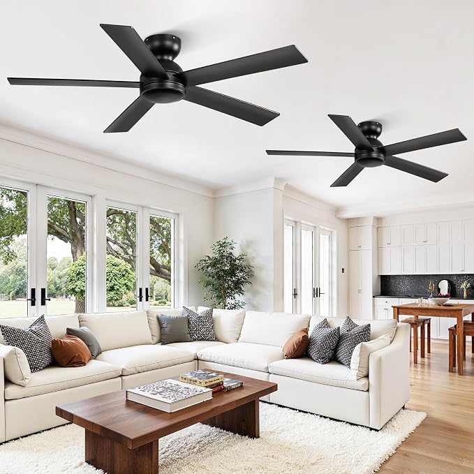 2 Pack 48 Inch Low Profile Ceiling Fan no Light, Black Ceiling Fan without lights, 6-Speeds, Quiet Reversible DC Motor