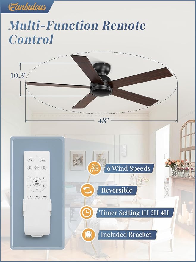 2 Pack 48 Inch Low Profile Ceiling Fan no Light, Black Ceiling Fan without lights, 6-Speeds, Quiet Reversible DC Motor