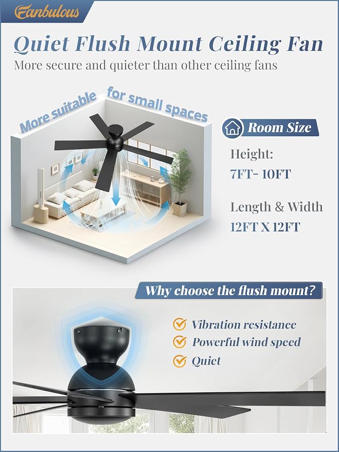 2 Pack 48 Inch Low Profile Ceiling Fan no Light, Black Ceiling Fan without lights, 6-Speeds, Quiet Reversible DC Motor