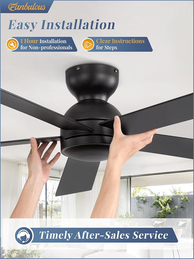 2 Pack 48 Inch Low Profile Ceiling Fan no Light, Black Ceiling Fan without lights, 6-Speeds, Quiet Reversible DC Motor