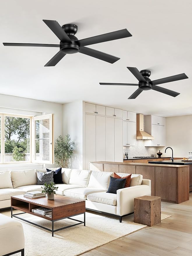 2 Pack 48 Inch Low Profile Ceiling Fan no Light, Black Ceiling Fan without lights, 6-Speeds, Quiet Reversible DC Motor