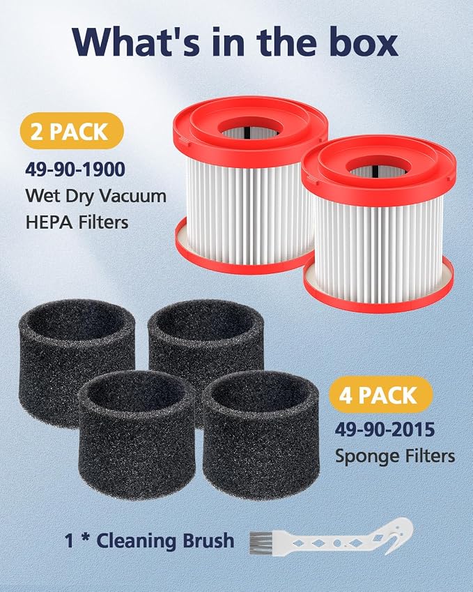 2 Pack 49-90-1900 Wet Dry Vacuum HEPA Filter Replacement Compatible with Cordless M18 Vacuum 0780-20 0880-20 with 4