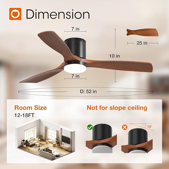2 Pack 52 inch Ceiling Fans with Lights, Black Low Profile Ceiling Fan with Light and Remote Control, Flush Mount