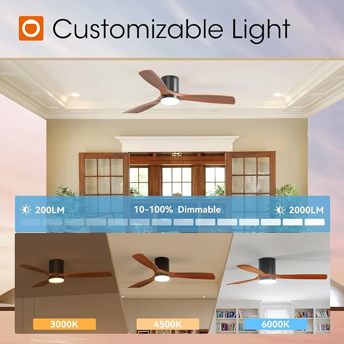 2 Pack 52 inch Ceiling Fans with Lights, Black Low Profile Ceiling Fan with Light and Remote Control, Flush Mount