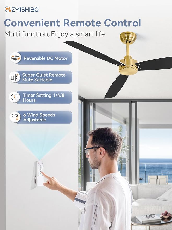2 Pack 52 Inch Outdoor Ceiling Fans with Remote, Gold Ceiling Fan No light with Quiet Reversible DC Motor, 6 Speeds, 3 Blade