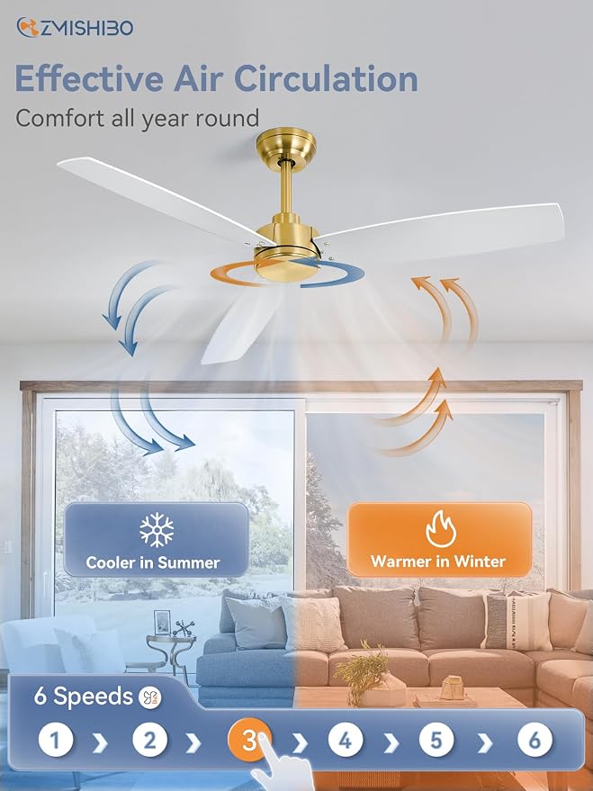 2 Pack 52 Inch Outdoor Ceiling Fans with Remote, Gold Ceiling Fan No light with Quiet Reversible DC Motor, 6 Speeds, 3 Blade