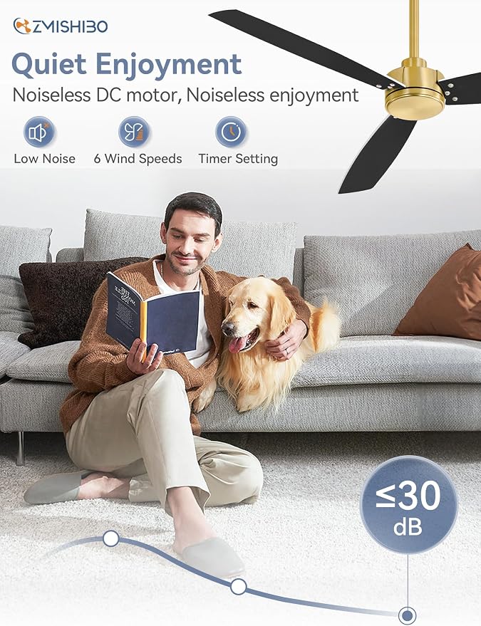 2 Pack 52 Inch Outdoor Ceiling Fans with Remote, Gold Ceiling Fan No light with Quiet Reversible DC Motor, 6 Speeds, 3 Blade