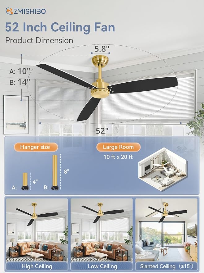 2 Pack 52 Inch Outdoor Ceiling Fans with Remote, Gold Ceiling Fan No light with Quiet Reversible DC Motor, 6 Speeds, 3 Blade