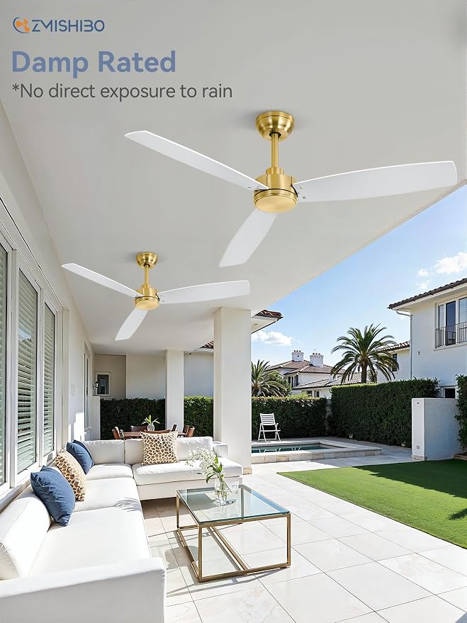 2 Pack 52 Inch Outdoor Ceiling Fans with Remote, Gold Ceiling Fan No light with Quiet Reversible DC Motor, 6 Speeds, 3 Blade