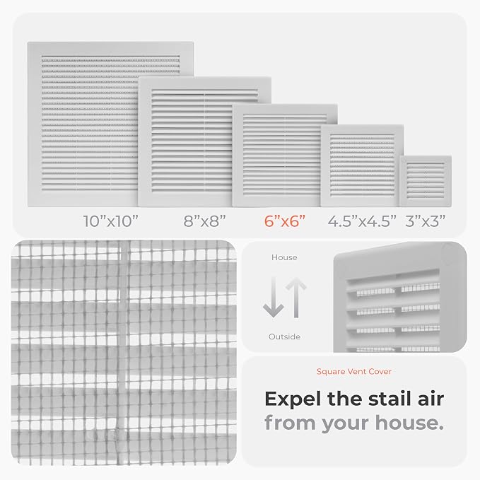 2-Pack 8" x 8" (Outer Size) Square Air Vent Cover – White Plastic Vent Deflector - Screen Mesh, Surface Mount, alternate view