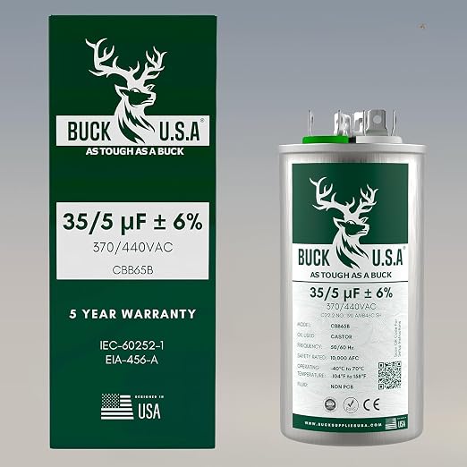 2 Pack Buck 35+5uF 35/5 MFD ±6% CBB65B Dual Run Round Start Capacitor - Ideal for HVAC Systems, Air Conditioner, alternate