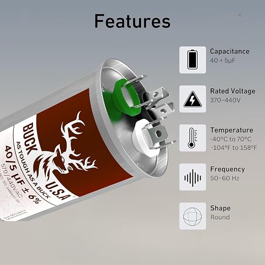 2 Pack Buck 40+5uF 40/5 MFD ±6% CBB65B Dual Run Round Start Capacitor - Ideal for HVAC Systems, Air Conditioner, alternate