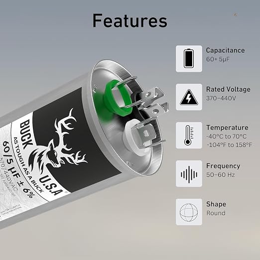 2 Pack Buck 60+5uF 60/5 MFD ±6% CBB65B Dual Run Round Start Capacitor - Ideal for HVAC Systems, Air Conditioner, alternate