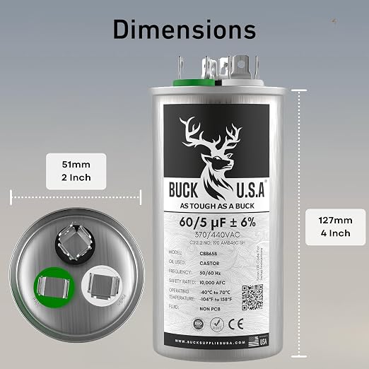 2 Pack Buck 60+5uF 60/5 MFD ±6% CBB65B Dual Run Round Start Capacitor - Ideal for HVAC Systems, Air Conditioner, alternate