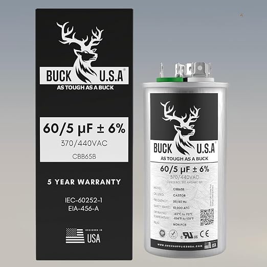 2 Pack Buck 60+5uF 60/5 MFD ±6% CBB65B Dual Run Round Start Capacitor - Ideal for HVAC Systems, Air Conditioner, alternate