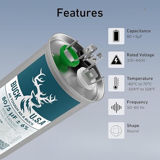 2 Pack Buck 80+5uF 80/5 MFD ±6% CBB65B Dual Run Round Start Capacitor - Ideal for HVAC Systems, Air Conditioner, alternate