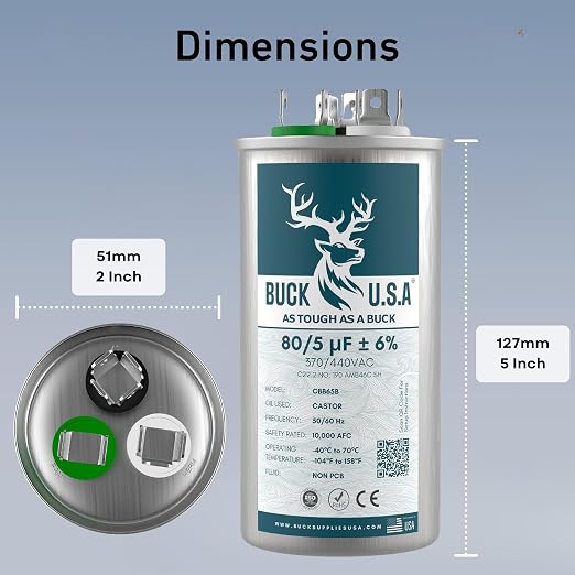 2 Pack Buck 80+5uF 80/5 MFD ±6% CBB65B Dual Run Round Start Capacitor - Ideal for HVAC Systems, Air Conditioner, alternate