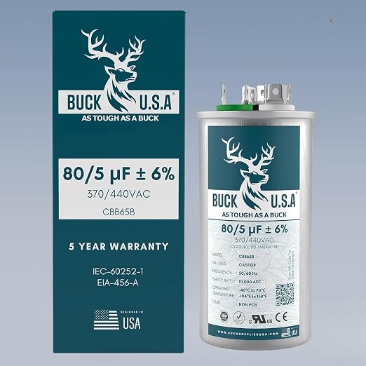 2 Pack Buck 80+5uF 80/5 MFD ±6% CBB65B Dual Run Round Start Capacitor - Ideal for HVAC Systems, Air Conditioner, alternate