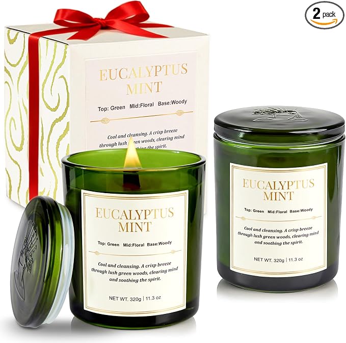 2 Pack Candles for Home Scented,Wood Wick Eucalyptus Mint Scented Candle,22.6 oz 150 Hour Long Burning Lasting, product image