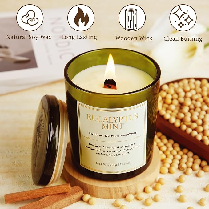 2 Pack Candles for Home Scented,Wood Wick Eucalyptus Mint Scented Candle,22.6 oz 150 Hour Long Burning Lasting, alternate