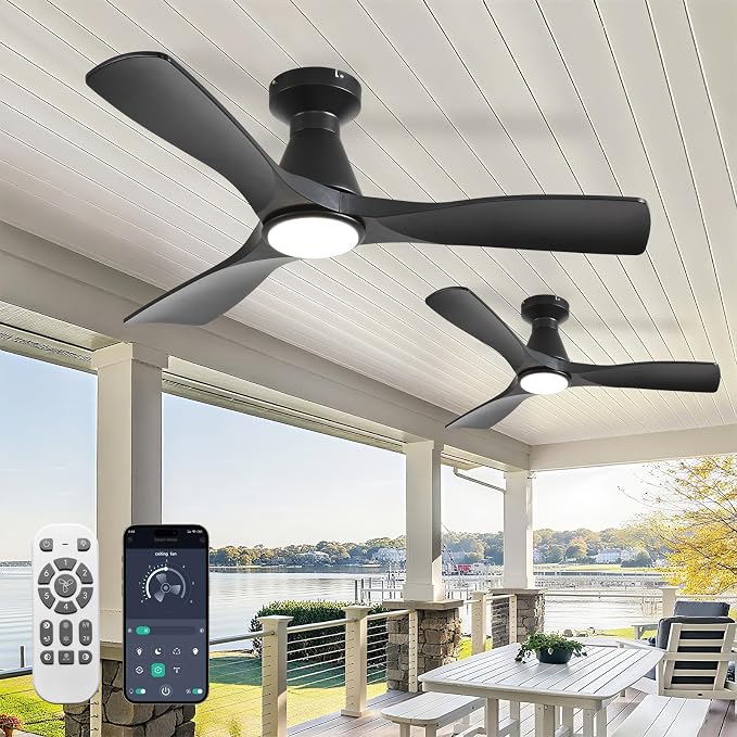 2 Pack Ceiling Fans with Lights: 42-Inch Black Flush Mount Low Profile Ceiling Fan for Bedroom Living Room - 3 Blades