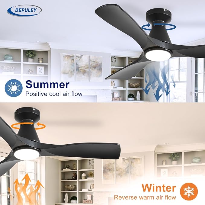 2 Pack Ceiling Fans with Lights: 42-Inch Black Flush Mount Low Profile Ceiling Fan for Bedroom Living Room - 3 Blades