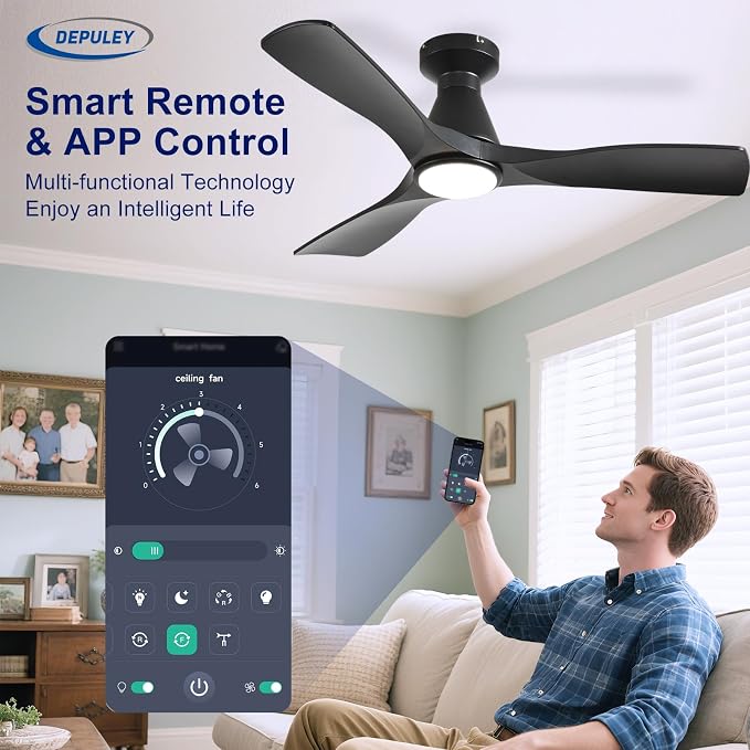 2 Pack Ceiling Fans with Lights: 42-Inch Black Flush Mount Low Profile Ceiling Fan for Bedroom Living Room - 3 Blades