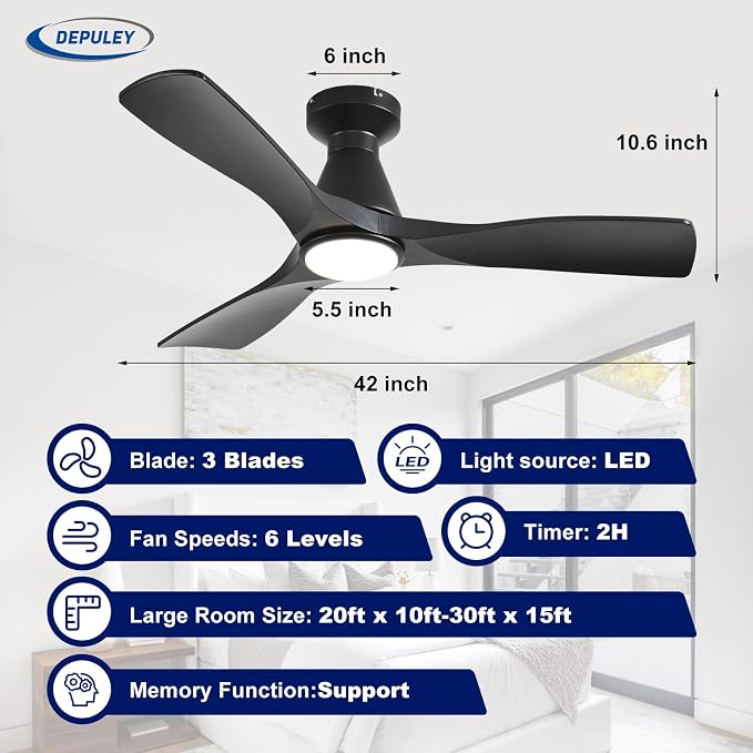 2 Pack Ceiling Fans with Lights: 42-Inch Black Flush Mount Low Profile Ceiling Fan for Bedroom Living Room - 3 Blades