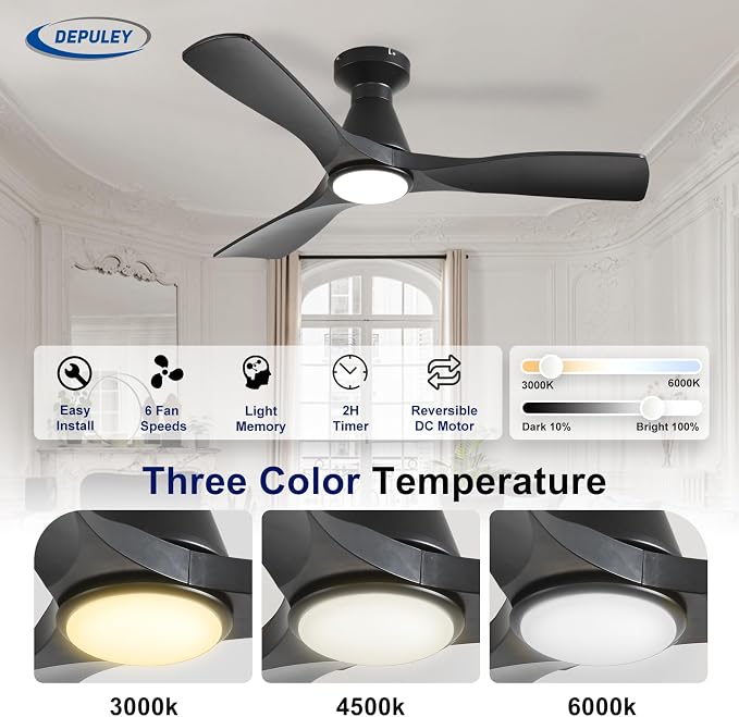 2 Pack Ceiling Fans with Lights: 42-Inch Black Flush Mount Low Profile Ceiling Fan for Bedroom Living Room - 3 Blades
