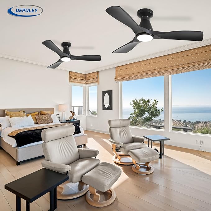 2 Pack Ceiling Fans with Lights: 42-Inch Black Flush Mount Low Profile Ceiling Fan for Bedroom Living Room - 3 Blades