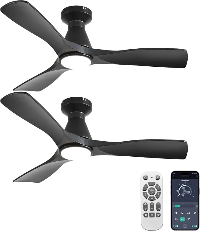 2 Pack Ceiling Fans with Lights: 42-Inch Black Flush Mount Low Profile Ceiling Fan for Bedroom Living Room - 3 Blades